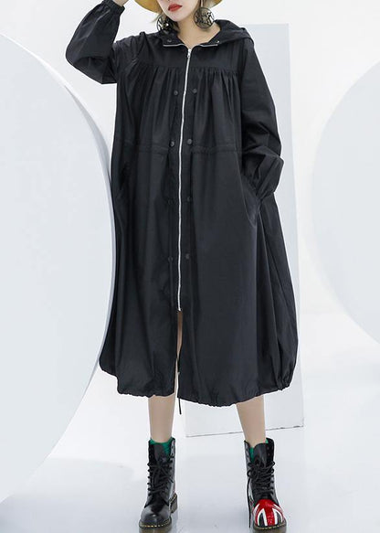 Black Oversized Maxi Coat Hooded Pockets Zippered Coat
