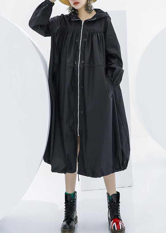 Black Oversized Maxi Coat Hooded Pockets Zippered Coat