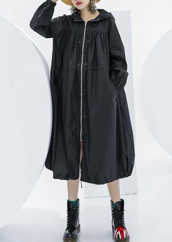 Black Oversized Maxi Coat Hooded Pockets Zippered Coat