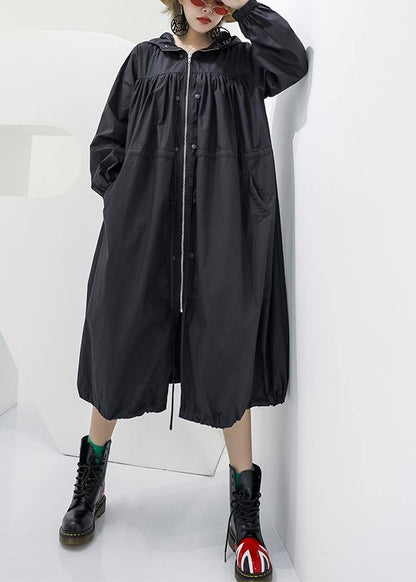 Black Oversized Maxi Coat Hooded Pockets Zippered Coat