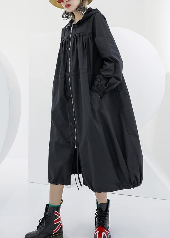 Black Oversized Maxi Coat Hooded Pockets Zippered Coat