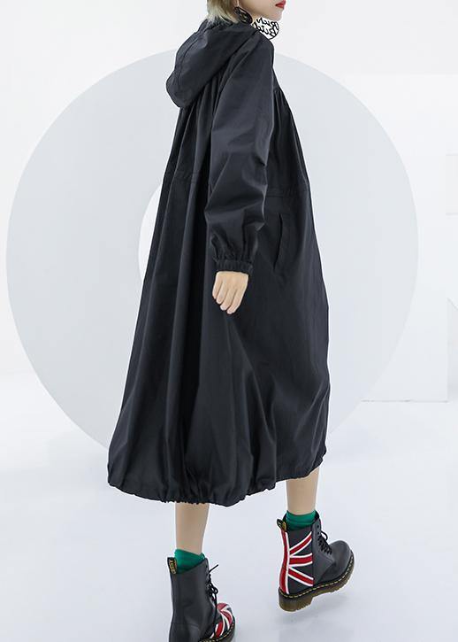 Black Oversized Maxi Coat Hooded Pockets Zippered Coat