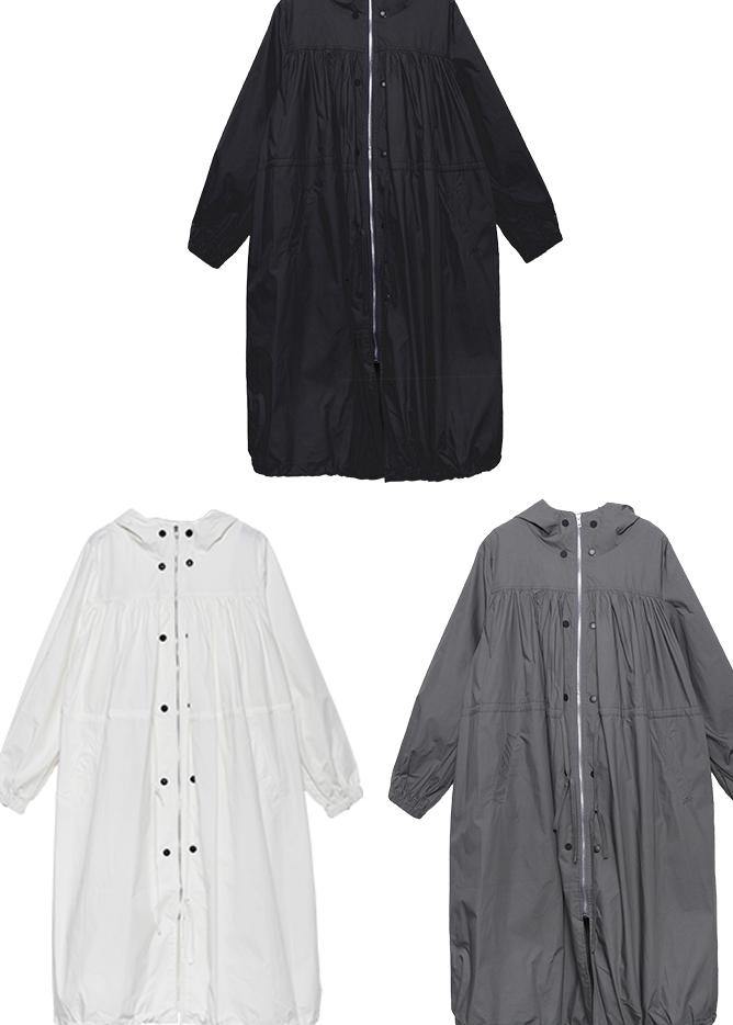 Black Oversized Maxi Coat Hooded Pockets Zippered Coat