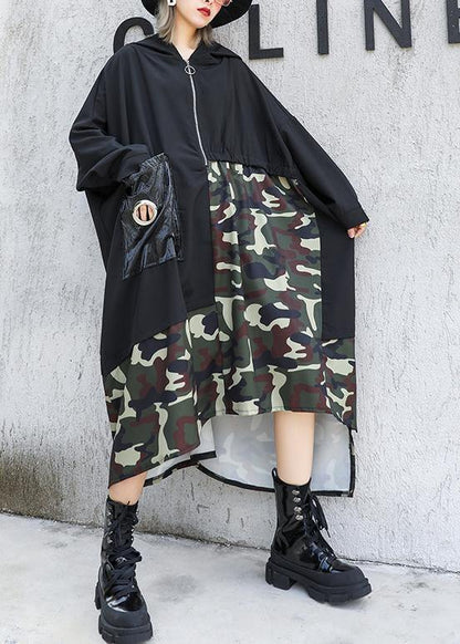 Black Patchwork Camouflage Hooded Low High Design Cotton Dress