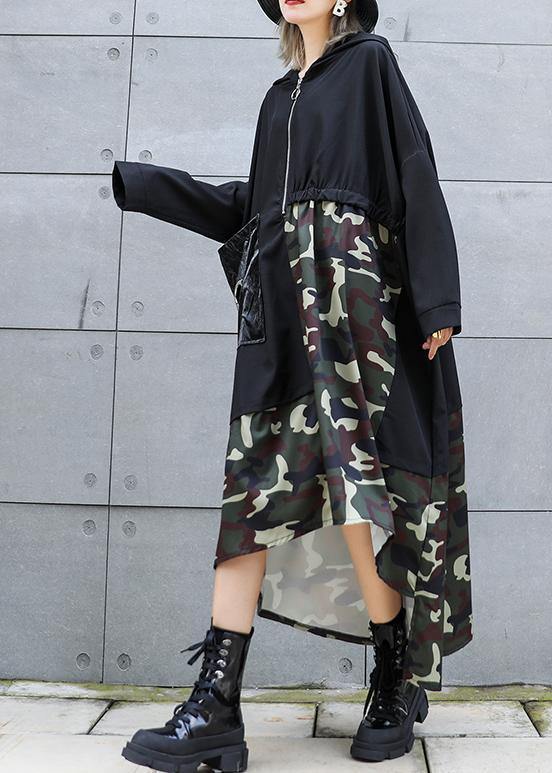 Black Patchwork Camouflage Hooded Low High Design Cotton Dress