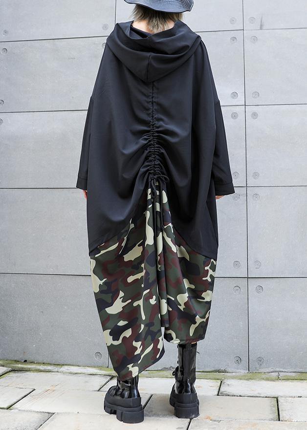Black Patchwork Camouflage Hooded Low High Design Cotton Dress
