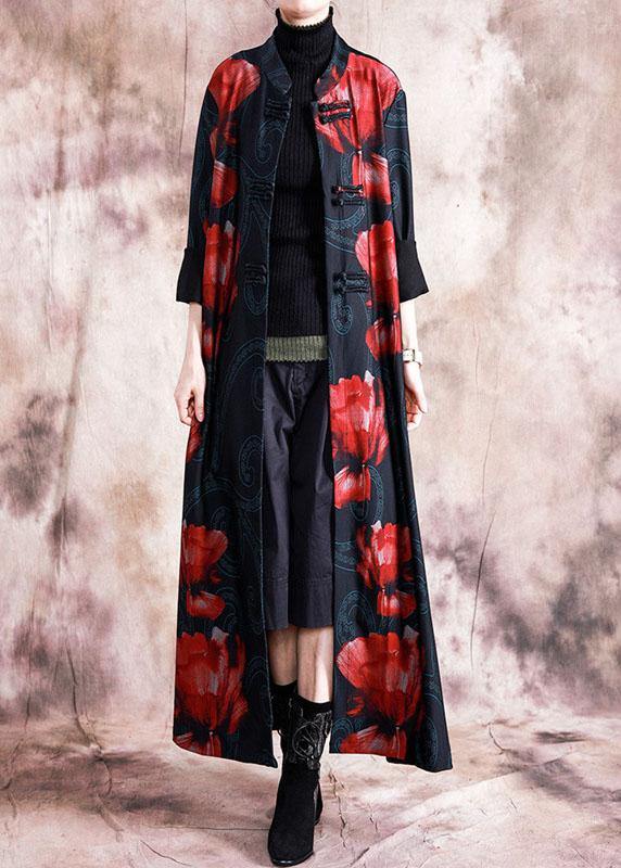 Black Patchwork Red Print Oversize Long Chinese Button Fall Coat