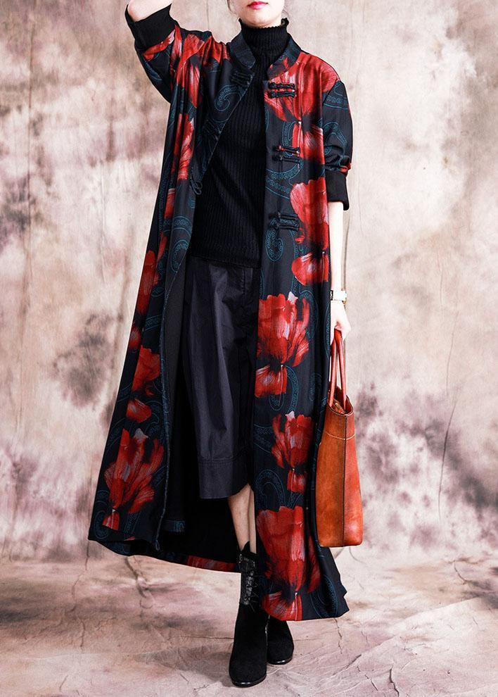 Black Patchwork Red Print Oversize Long Chinese Button Fall Coat