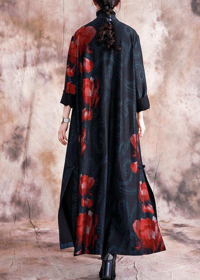 Black Patchwork Red Print Oversize Long Chinese Button Fall Coat