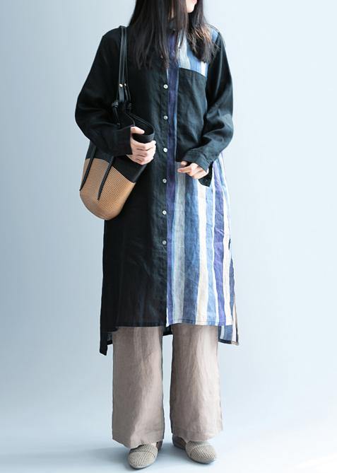 Black Patchwork Striped Tunic Lapel Art Dress