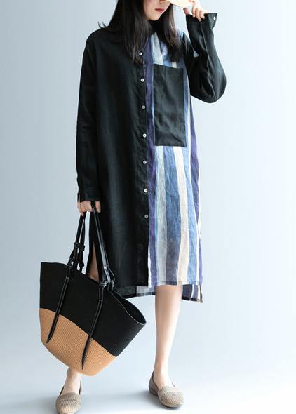 Black Patchwork Striped Tunic Lapel Art Dress