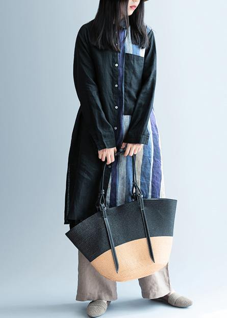 Black Patchwork Striped Tunic Lapel Art Dress