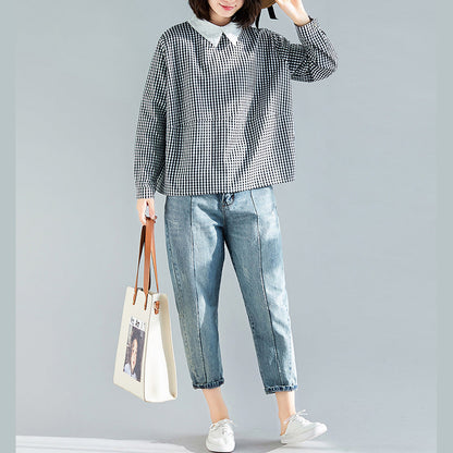 Elegant black plaid cotton clothes boutique Fabrics pullover silhouette spring blouse