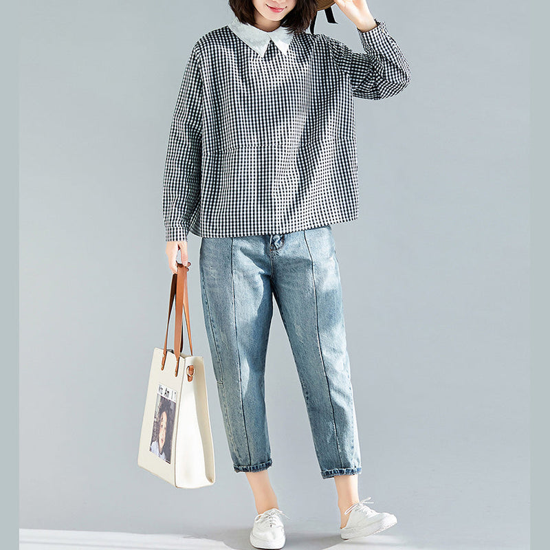 Black Plaid Cotton Clothes Boutique Fabrics Pullover Silhouette Spring Blouse