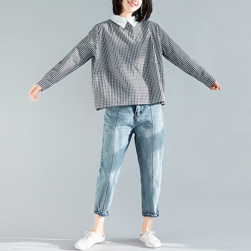 Black Plaid Cotton Clothes Boutique Fabrics Pullover Silhouette Spring Blouse