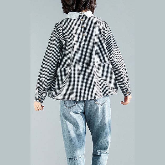 Black Plaid Cotton Clothes Boutique Fabrics Pullover Silhouette Spring Blouse