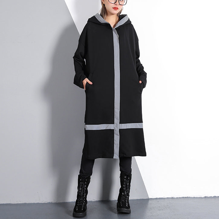 Black Traveling Dress Pockets Fine Hooded Cotton Blended Dress