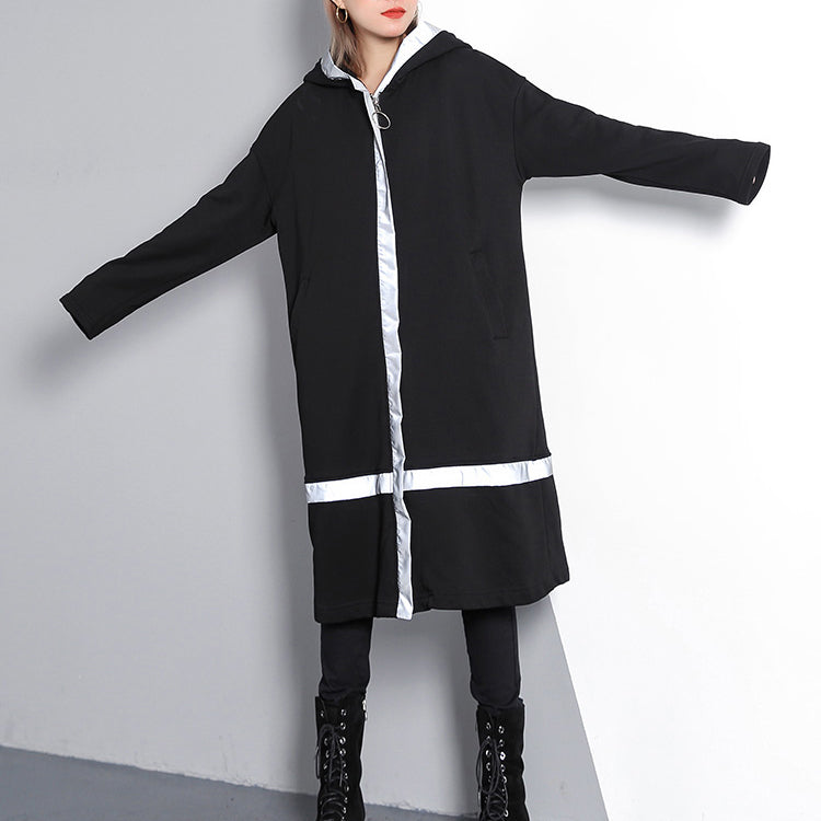 Black Traveling Dress Pockets Fine Hooded Cotton Blended Dress