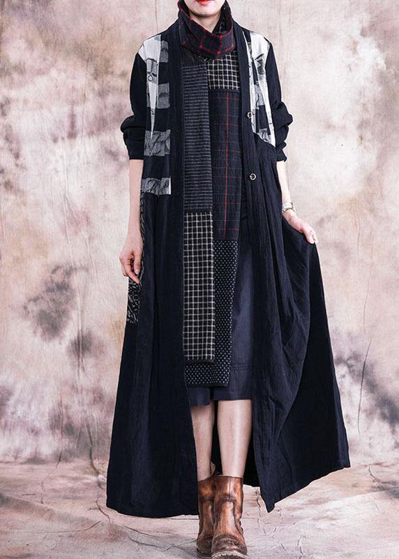 Black Print Coats Fall V Neck Patchwork Coat