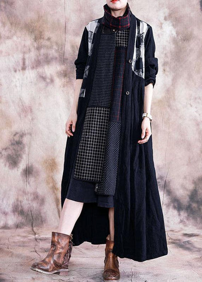 Black Print Coats Fall V Neck Patchwork Coat