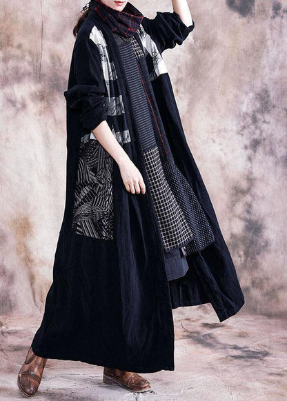 Black Print Coats Fall V Neck Patchwork Coat