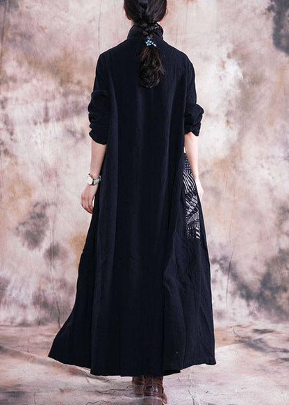 Black Print Coats Fall V Neck Patchwork Coat