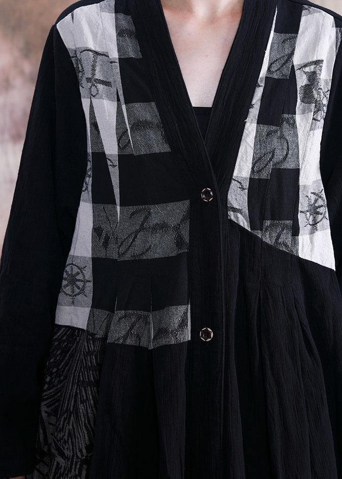 Black Print Coats Fall V Neck Patchwork Coat