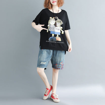 Black Print Cotton Clothes Ideas O Neck Daily Tops