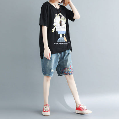 Black Print Cotton Clothes Ideas O Neck Daily Tops