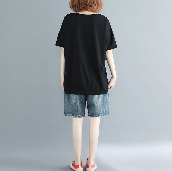 Black Print Cotton Clothes Ideas O Neck Daily Tops