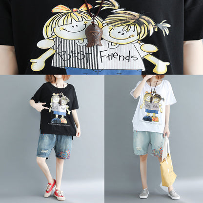 Black Print Cotton Clothes Ideas O Neck Daily Tops