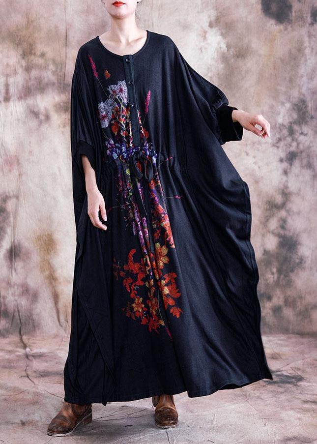 Black Print Cotton Dress O Neck Asymmetric Fall Dress