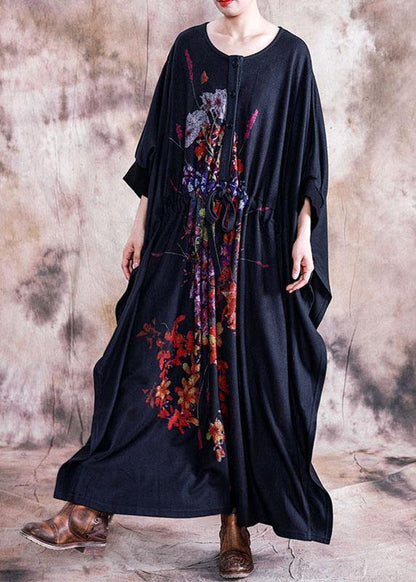 Black Print Cotton Dress O Neck Asymmetric Fall Dress