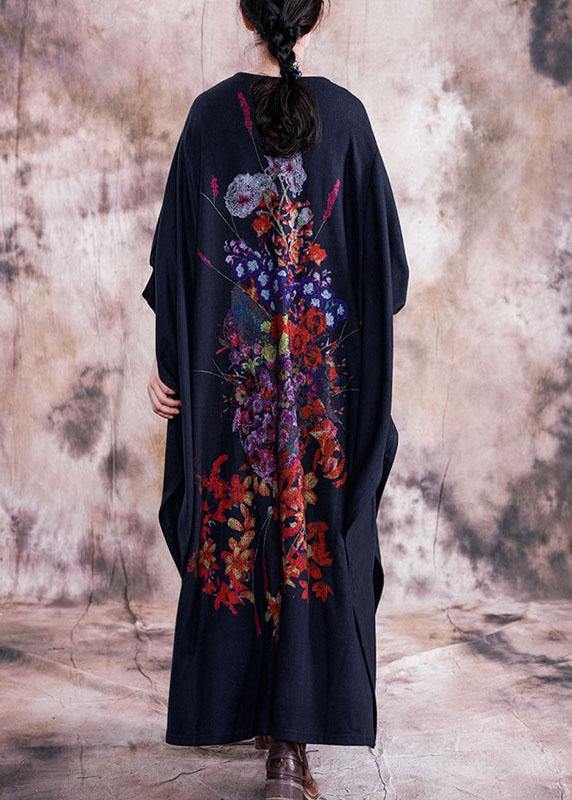 Black Print Cotton Dress O Neck Asymmetric Fall Dress
