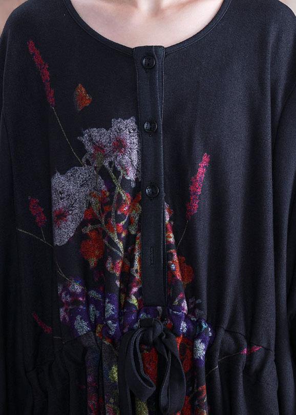 Black Print Cotton Dress O Neck Asymmetric Fall Dress