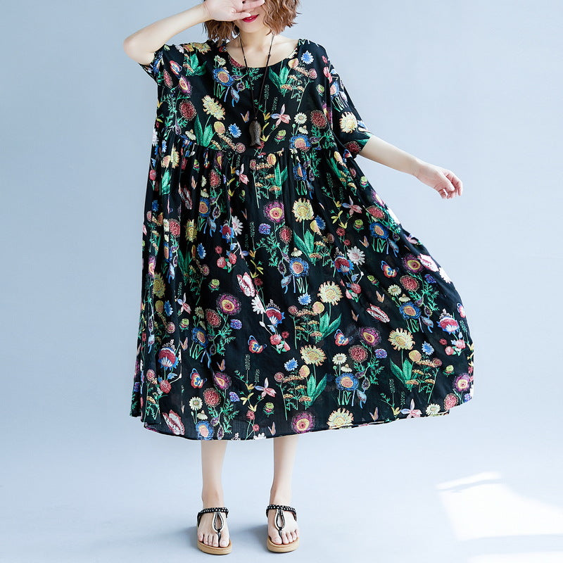 Black Print Long Cotton Linen Dress Short Sleeve Baggy Dresses Cotton Linen Maxi Dress O Neck Traveling Dress