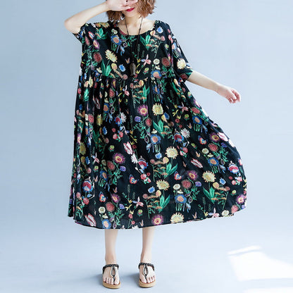 Black Print Long Cotton Linen Dress Short Sleeve Baggy Dresses Cotton Linen Maxi Dress O Neck Traveling Dress