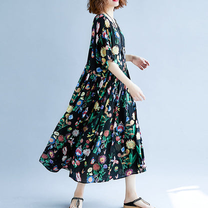 Black Print Long Cotton Linen Dress Short Sleeve Baggy Dresses Cotton Linen Maxi Dress O Neck Traveling Dress