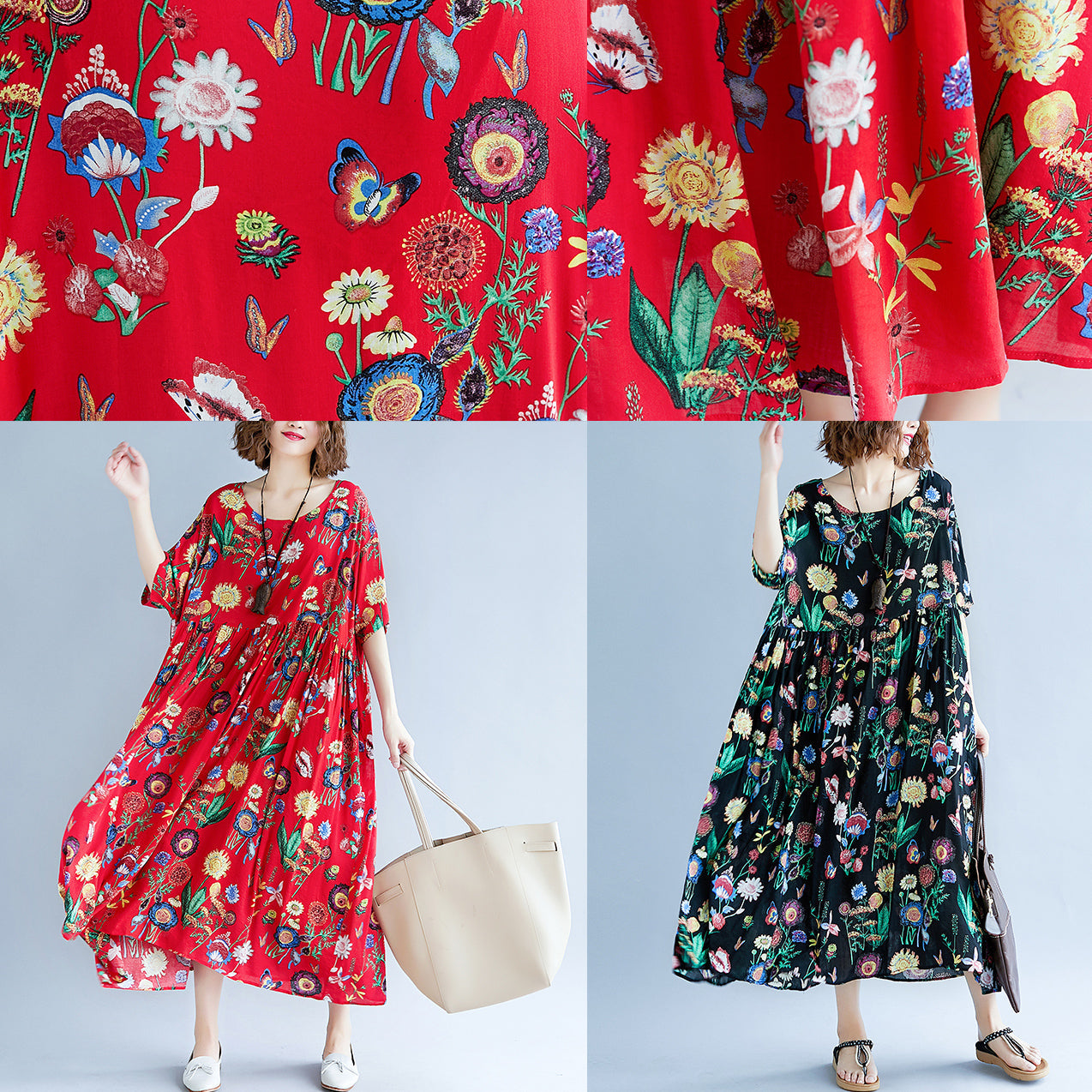 Black Print Long Cotton Linen Dress Short Sleeve Baggy Dresses Cotton Linen Maxi Dress O Neck Traveling Dress