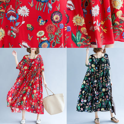 Black Print Long Cotton Linen Dress Short Sleeve Baggy Dresses Cotton Linen Maxi Dress O Neck Traveling Dress