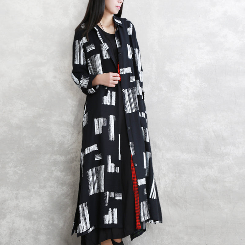 Black Print Maxi Coat Oversize Turn-down Collar Tie Waist Long Coat Long Sleeve Pockets Long Coats