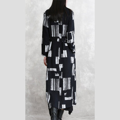 Black Print Maxi Coat Oversize Turn-down Collar Tie Waist Long Coat Long Sleeve Pockets Long Coats