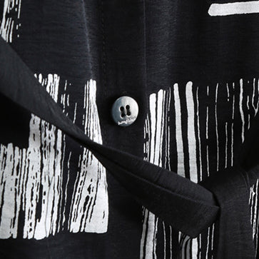 Black Print Maxi Coat Oversize Turn-down Collar Tie Waist Long Coat Long Sleeve Pockets Long Coats