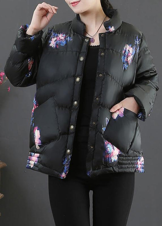 Black Print Warm Winter Coat Loose Fitting Parka Stand Collar Pockets Fine Overcoat