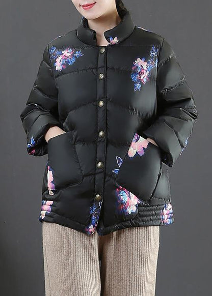 Black Print Warm Winter Coat Loose Fitting Parka Stand Collar Pockets Fine Overcoat