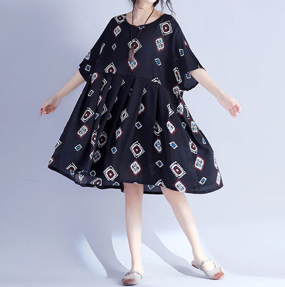 Black Prints Midi-length Cotton Dress Traveling Clothing New Hig Waist Cinched Batwing Sleeve Cotton Clothing Dress
