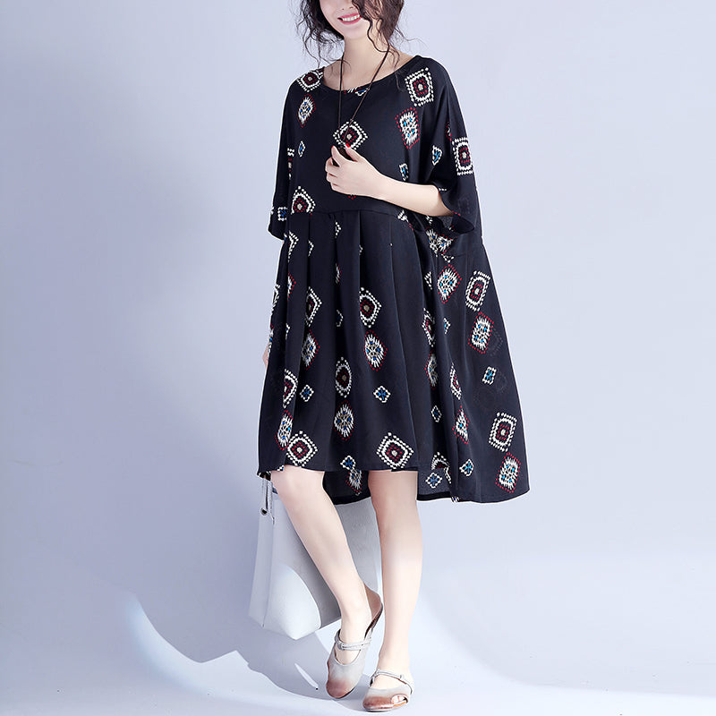 Black Prints Midi-length Cotton Dress Traveling Clothing New Hig Waist Cinched Batwing Sleeve Cotton Clothing Dress