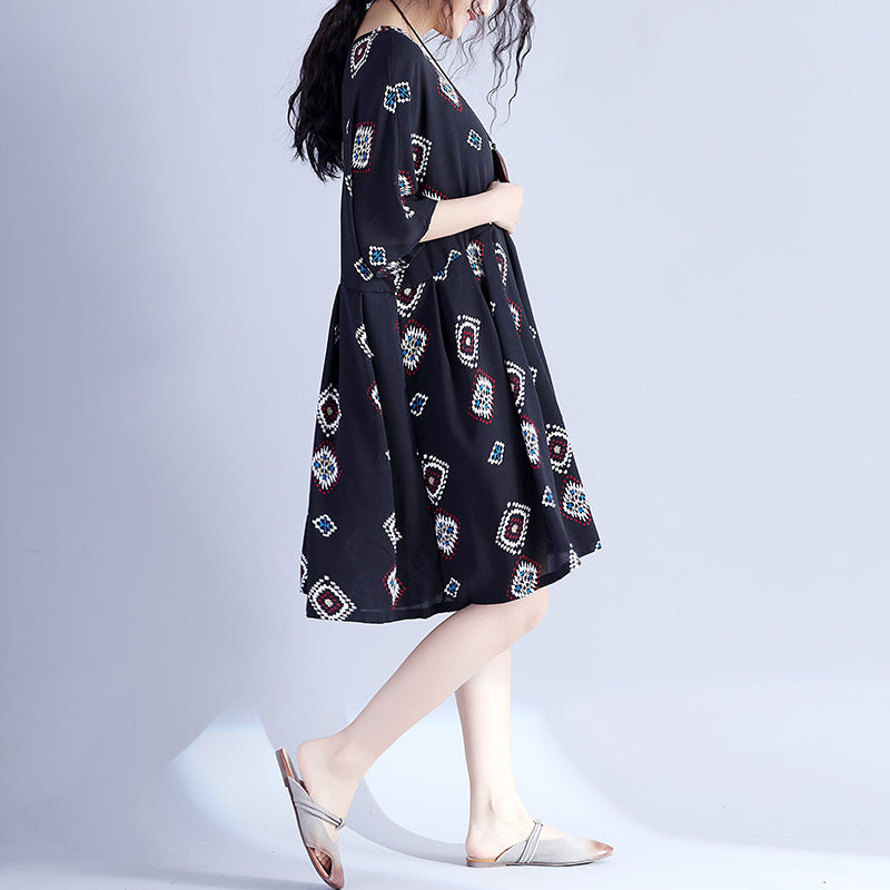 Black Prints Midi-length Cotton Dress Traveling Clothing New Hig Waist Cinched Batwing Sleeve Cotton Clothing Dress