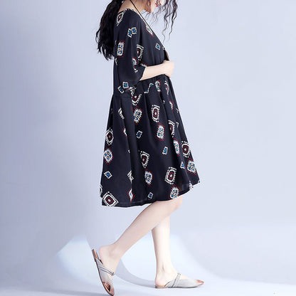 Black Prints Midi-length Cotton Dress Traveling Clothing New Hig Waist Cinched Batwing Sleeve Cotton Clothing Dress