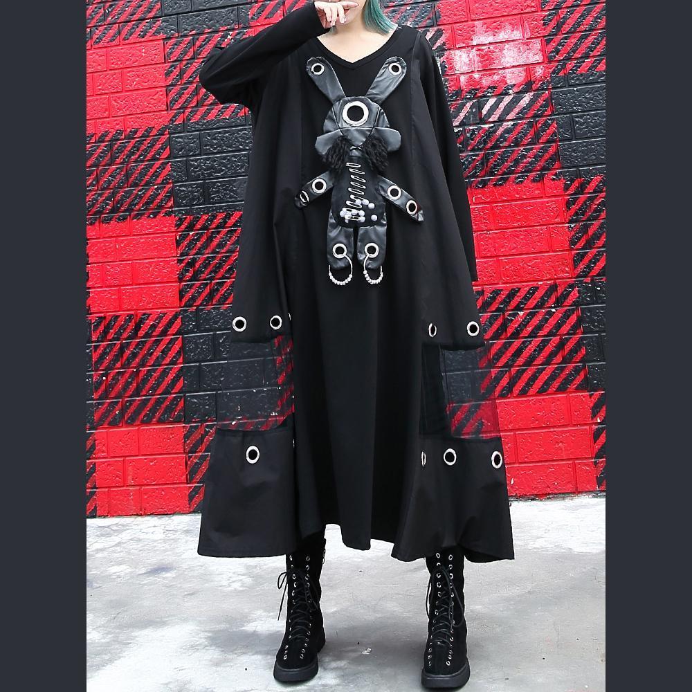 Black Pure Traveling Baggy Dresses V Neck Appliques Midi Dress